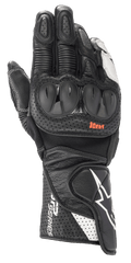 Luvas Alpinestars SP-2 V3, luvas de corrida para motociclismo, pretas e brancas, com proteções rígidas em TPU nos nós dos dedos, couro perfurado para ventilação, punho longo com logótipo de estrela branco e marca da série SP