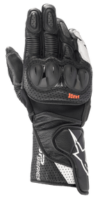 Luvas Alpinestars SP-2 V3, luvas de corrida para motociclismo, pretas e brancas, com proteções rígidas em TPU nos nós dos dedos, couro perfurado para ventilação, punho longo com logótipo de estrela branco e marca da série SP