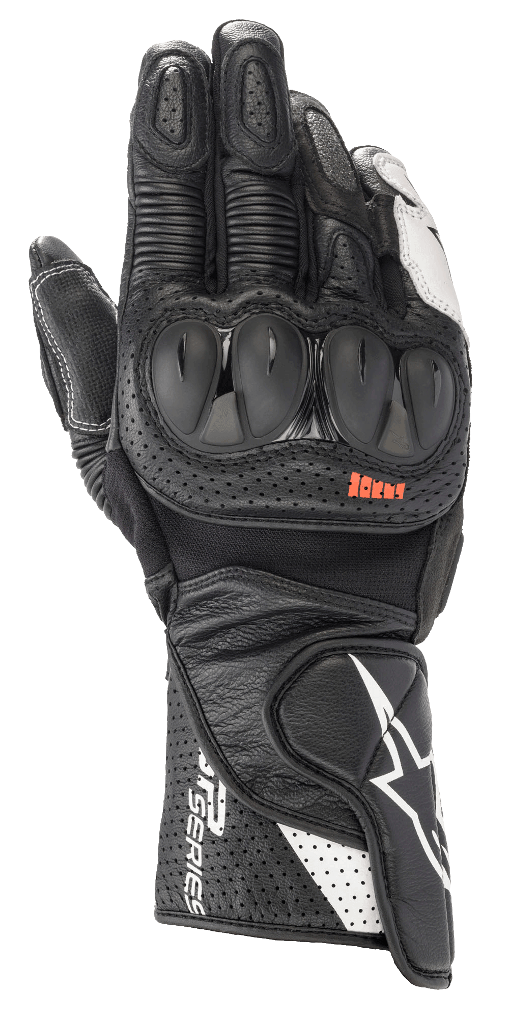 Luvas Alpinestars SP-2 V3, luvas de corrida para motociclismo, pretas e brancas, com proteções rígidas em TPU nos nós dos dedos, couro perfurado para ventilação, punho longo com logótipo de estrela branco e marca da série SP