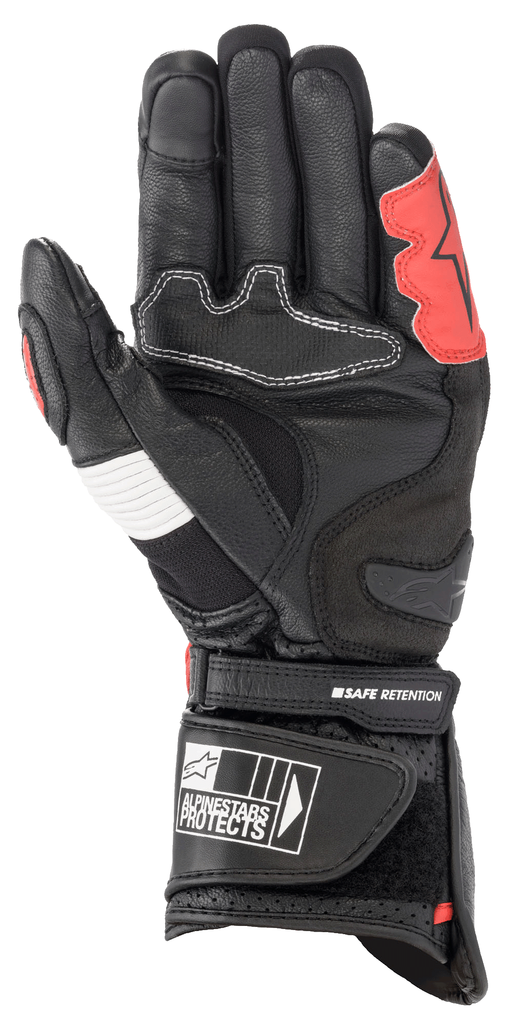 Luvas Alpinestars SP-2 V3, preto, branco e vermelho brilhante, vista da palma mostrando a construção em couro reforçado, slider de palma em TPU, painel em acordeão branco e tira de pulso segura com logótipo