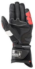 Luvas Alpinestars SP-2 V3, preto, branco e vermelho brilhante, vista da palma mostrando a construção em couro reforçado, slider de palma em TPU, painel em acordeão branco e tira de pulso segura com logótipo