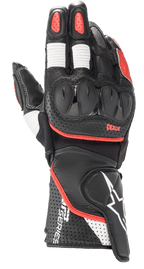 Alpinestars SP-2 V3, luvas de corrida para motociclismo, pretas com detalhes brancos e vermelho vivo, proteção rígida dos nós dos dedos em TPU, construção em couro perfurado no punho, painéis em acordeão brancos nos dedos e logótipo proeminente da série GP