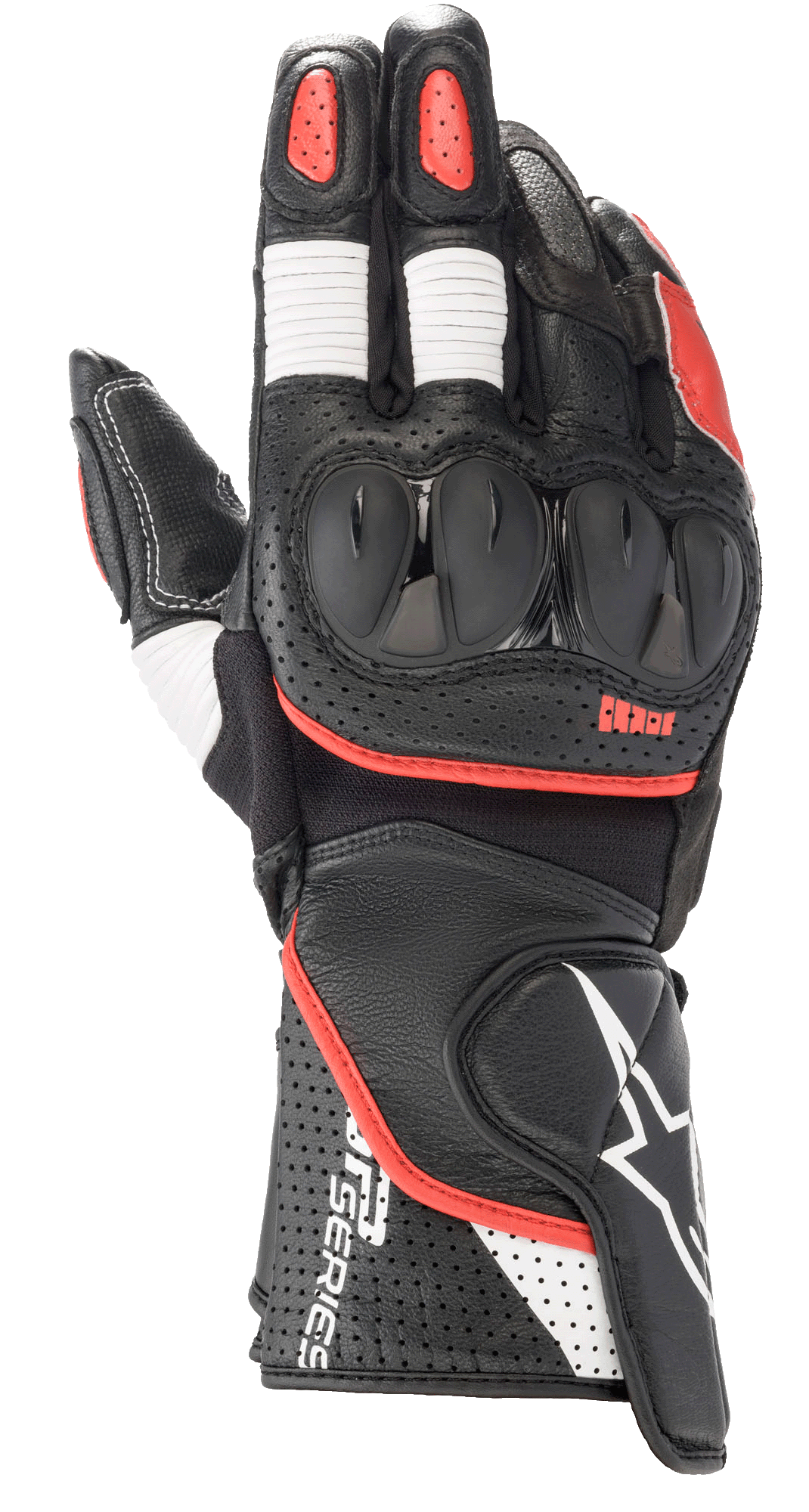 Alpinestars SP-2 V3, luvas de corrida para motociclismo, pretas com detalhes brancos e vermelho vivo, proteção rígida dos nós dos dedos em TPU, construção em couro perfurado no punho, painéis em acordeão brancos nos dedos e logótipo proeminente da série GP