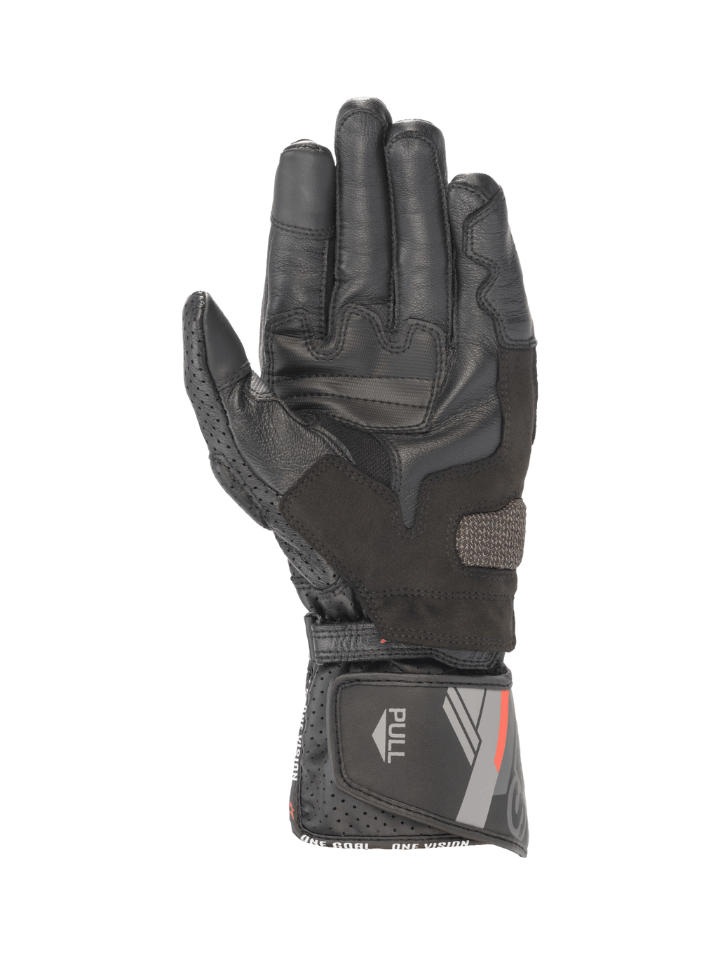 Luvas de moto Alpinestars SP-8 V3 em pele preta, vista da palma com reforços de aderência e fecho de punho com velcro.
