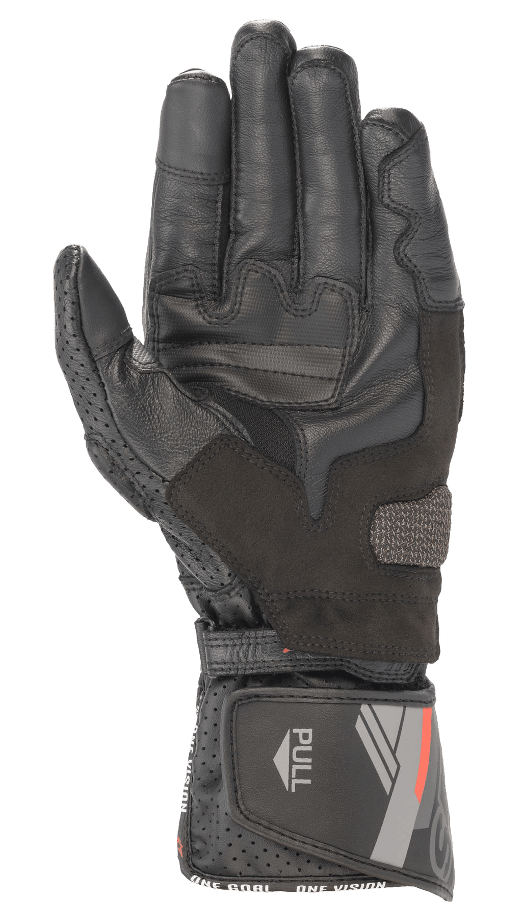 Luva de Pele Alpinestars SP-8 V3, Preta, vista da palma com painéis de aderência reforçados e polegar perfurado, punho ajustável com grafismos vermelhos e cinzentos e aba 'PULL', equipamento de condução desportiva de motociclismo