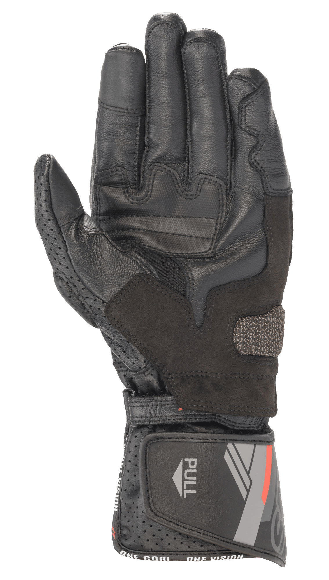 Luva de Pele Alpinestars SP-8 V3, Preta, vista da palma com painéis de aderência reforçados e polegar perfurado, punho ajustável com grafismos vermelhos e cinzentos e aba 'PULL', equipamento de condução desportiva de motociclismo