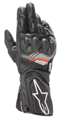 Luvas de Pele Alpinestars SP-8 V3, luvas de corrida para motociclismo pretas, com proteção de nós dos dedos de dupla densidade, marca 'SP-8' em vermelho e cinzento, logótipo de estrela branco no punho perfurado, acolchoamento reforçado nos dedos e construção em pele de grão integral para condução desportiva