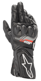 Luvas de Pele Alpinestars SP-8 V3, luvas de corrida para motociclismo pretas, com proteção de nós dos dedos de dupla densidade, marca 'SP-8' em vermelho e cinzento, logótipo de estrela branco no punho perfurado, acolchoamento reforçado nos dedos e construção em pele de grão integral para condução desportiva