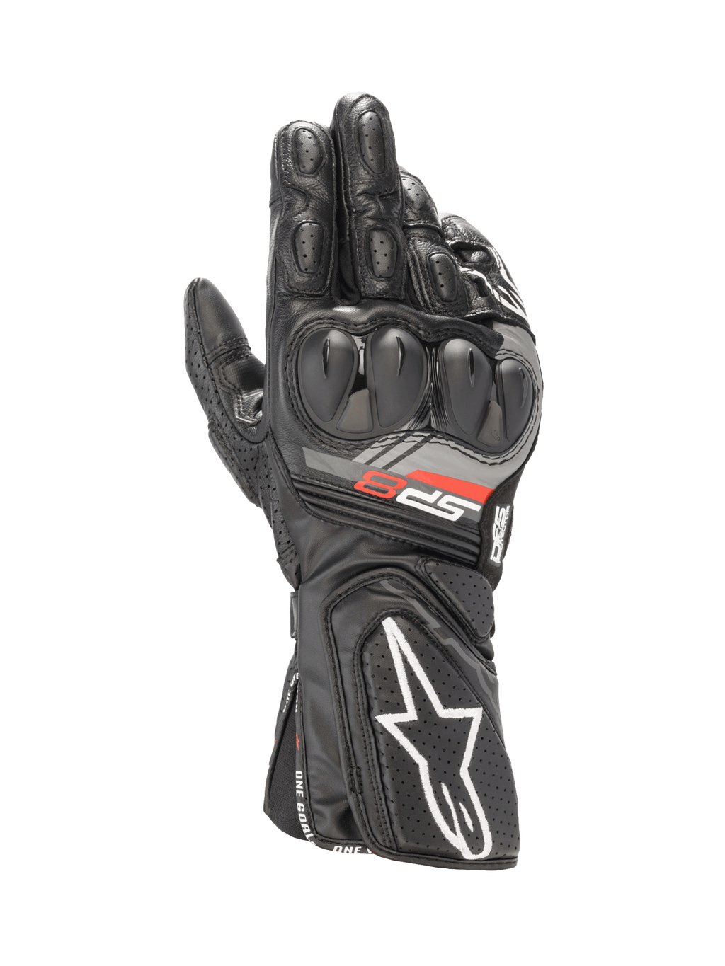 Alpinestars Luvas SP-8 V3, luvas de moto pretas para corrida, construção em couro com proteção SP e logótipo Astars branco.