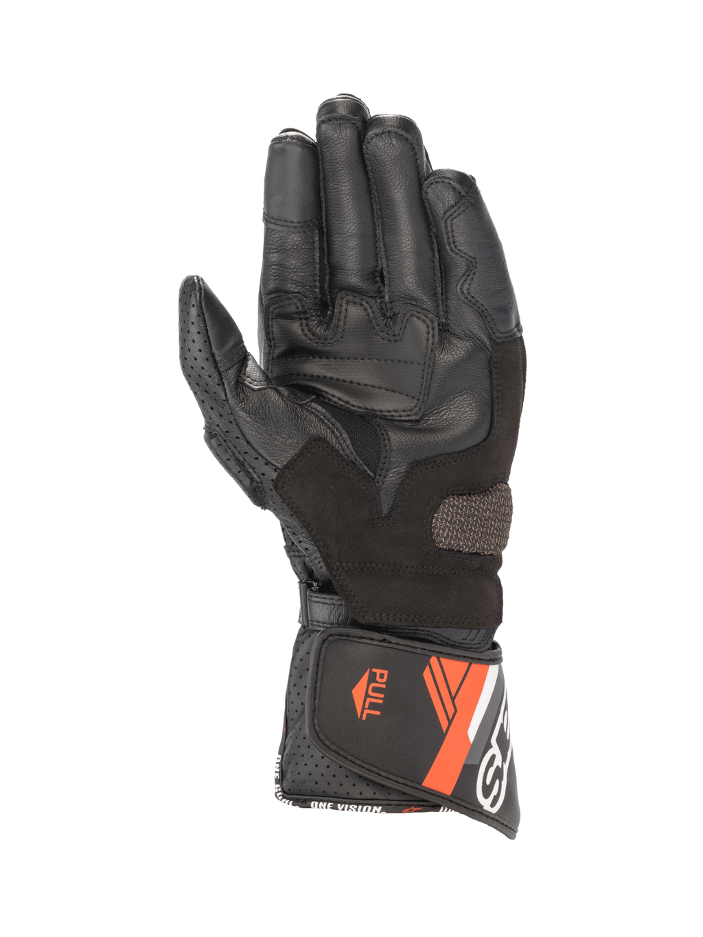 Alpinestars Luvas SP-8 V3, luvas de moto em pele para homem, pretas e vermelho fluo, vista da palma com inserções de aderência.