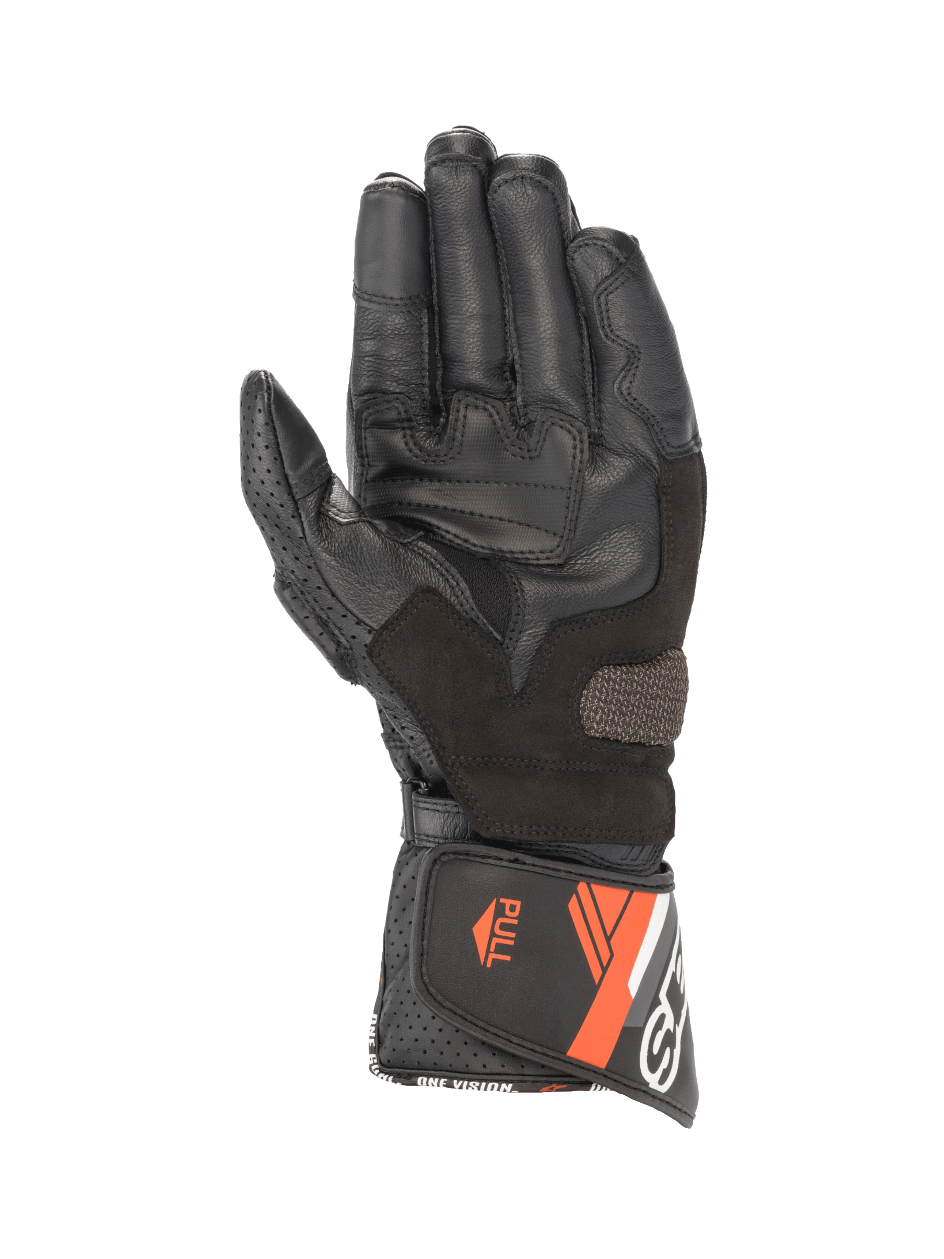 Alpinestars Luvas SP-8 V3, luvas de moto em pele para homem, pretas e vermelho fluo, vista da palma com inserções de aderência.