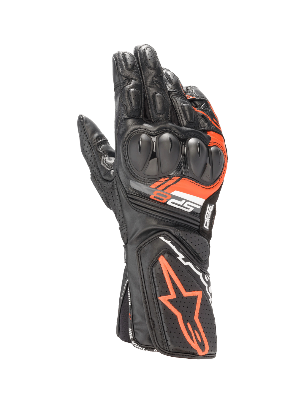 Alpinestars SP-8 V3, luvas de moto em pele pretas e vermelhas fluo, com proteção de articulação de dupla densidade.