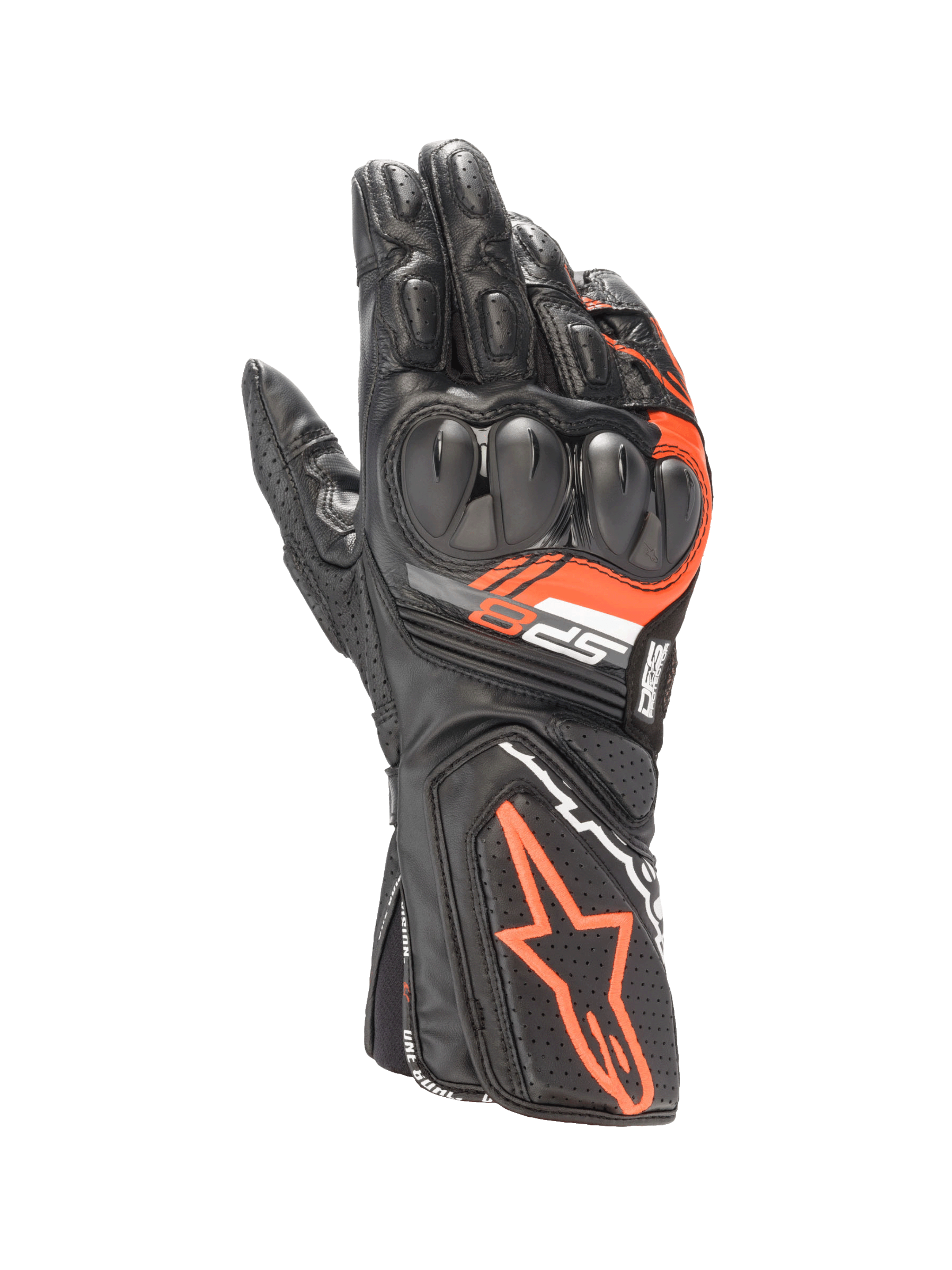 Alpinestars SP-8 V3, luvas de moto em pele pretas e vermelhas fluo, com proteção de articulação de dupla densidade.