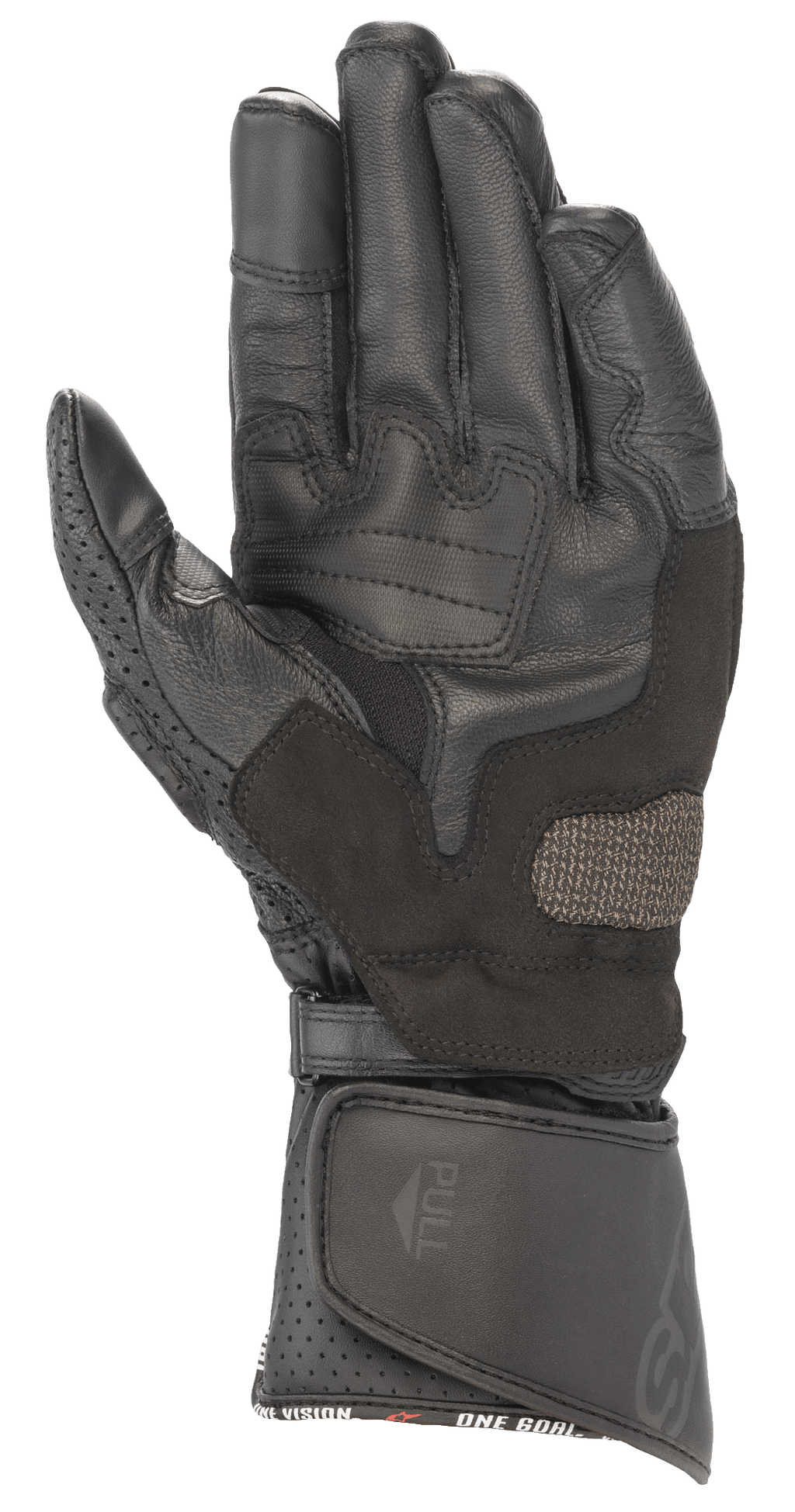 Luvas de Pele Alpinestars SP-8 V3, Pretas, vista da palma mostrando painéis de aderência reforçados, polegar perfurado e fecho de punho ajustável com velcro, proteção de alto desempenho para motociclismo de competição