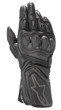 Luvas Alpinestars SP-8 V3, luvas de motociclismo de competição em pele preta, totalmente pretas, com proteção de dupla densidade nos nós dos dedos, painéis em pele perfurada e punho seguro com logótipo de estrela em relevo e marca SP-8