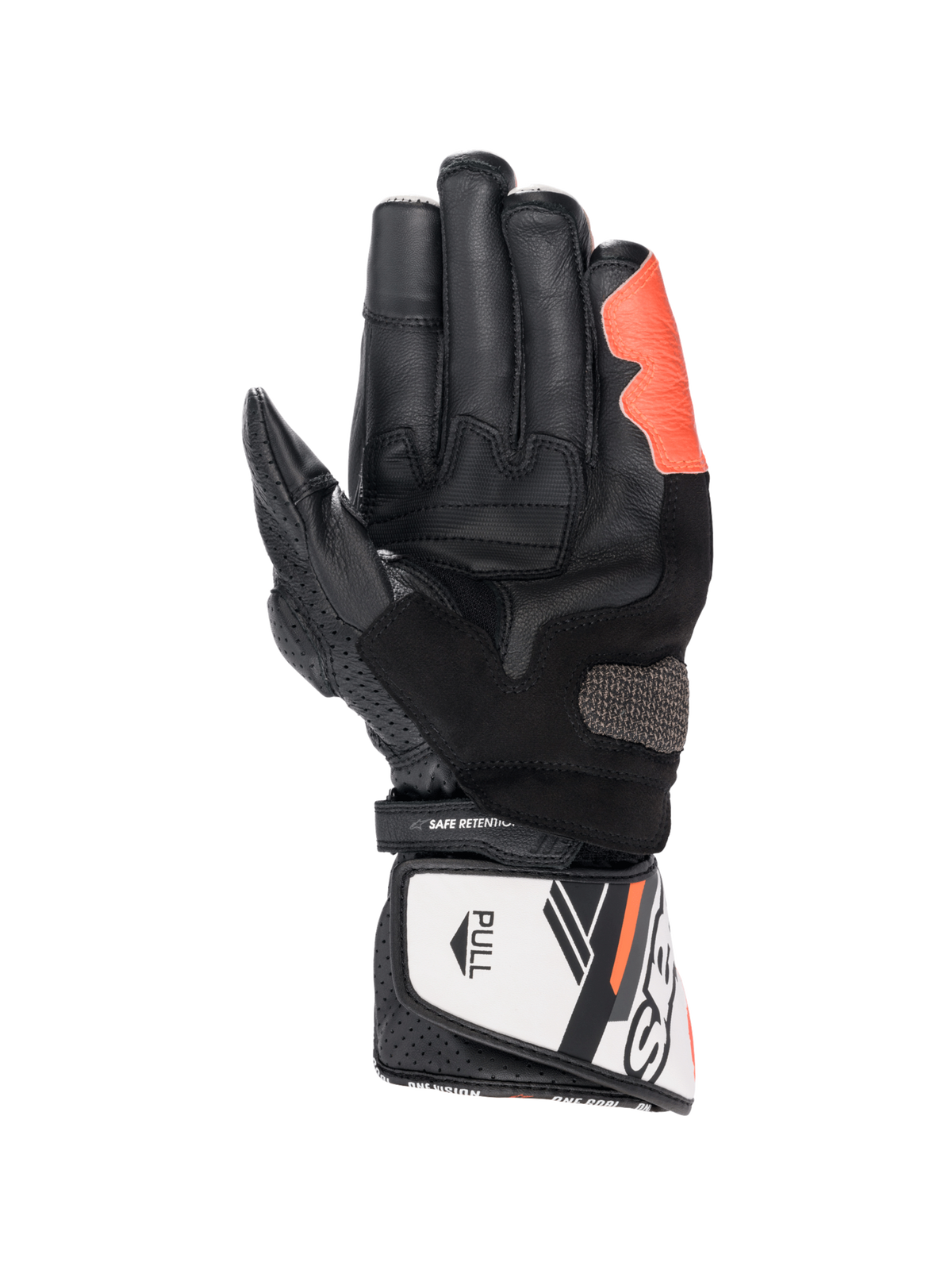 Alpinestars SP-8 V3, luvas de moto pretas, brancas e vermelho fluo, vista da palma em pele com deslizador Arshield