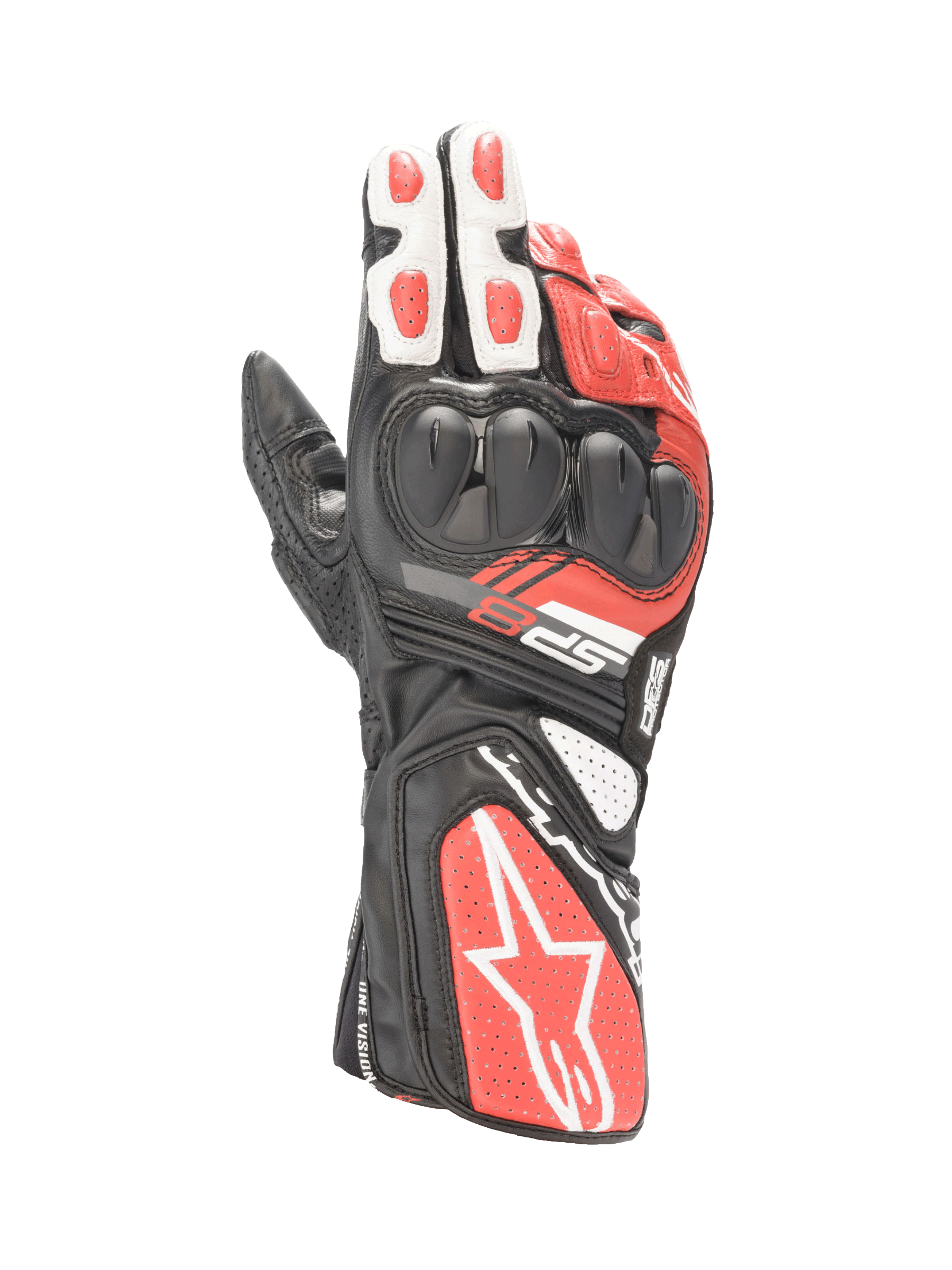Alpinestars SP-8 V3, luvas de moto para corrida para homem, pretas, brancas e vermelho vivo, em pele de cabra com proteção de nós dos dedos de dupla densidade, certificado CE