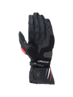Alpinestars Honda SP-8 V3, luvas de moto em couro para homem, pretas com detalhes vermelhos e azuis e palma reforçada.