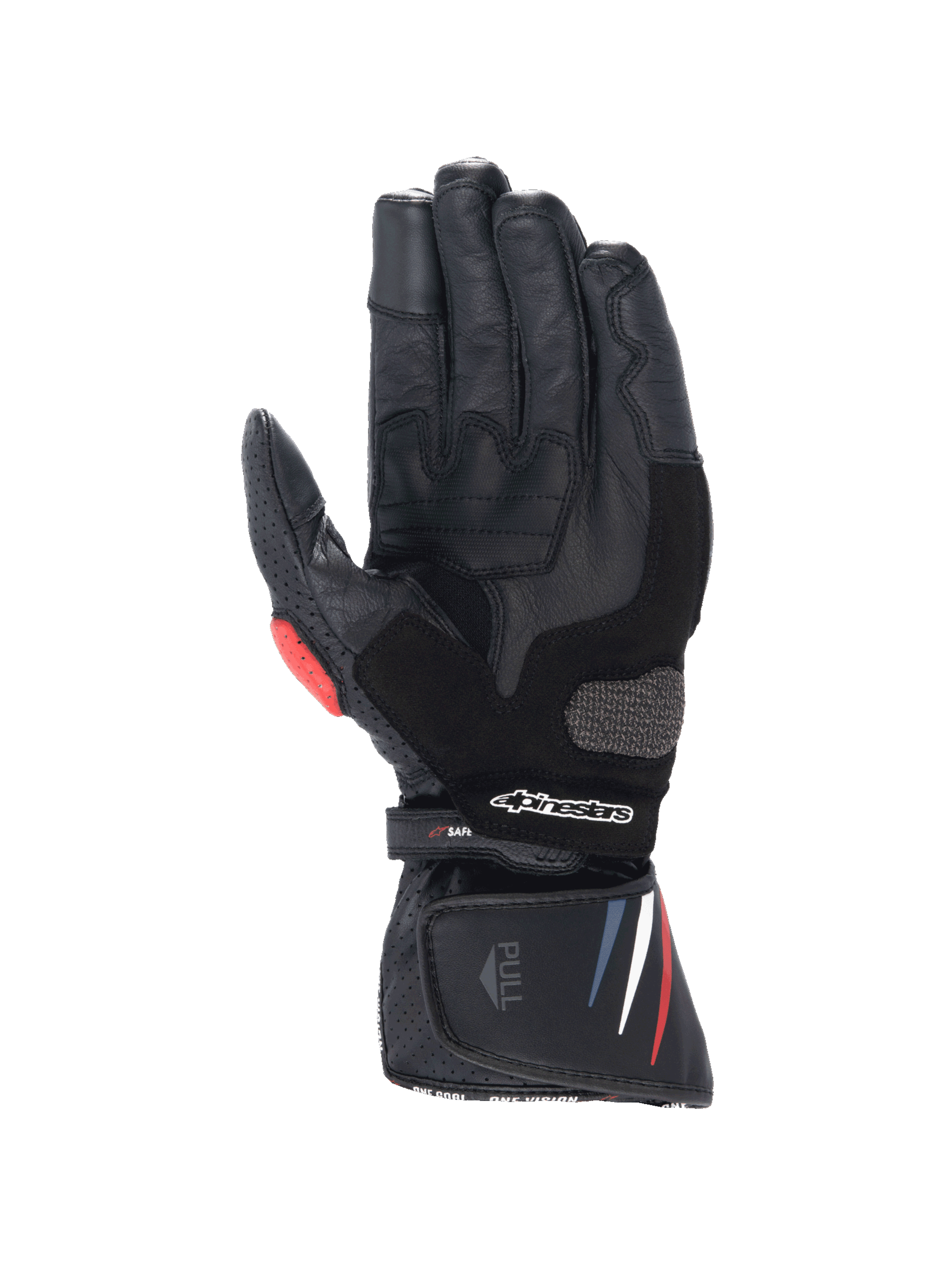 Alpinestars Honda SP-8 V3, luvas de moto em couro para homem, pretas com detalhes vermelhos e azuis e palma reforçada.