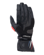 Alpinestars Honda SP-8 V3 Gloves, Motorcycle Gloves, Black with Red and Blue accents, palm view showing full-grain leather construction, reinforced palm slider, perforated details, and extended cuff with Alpinestars logo.