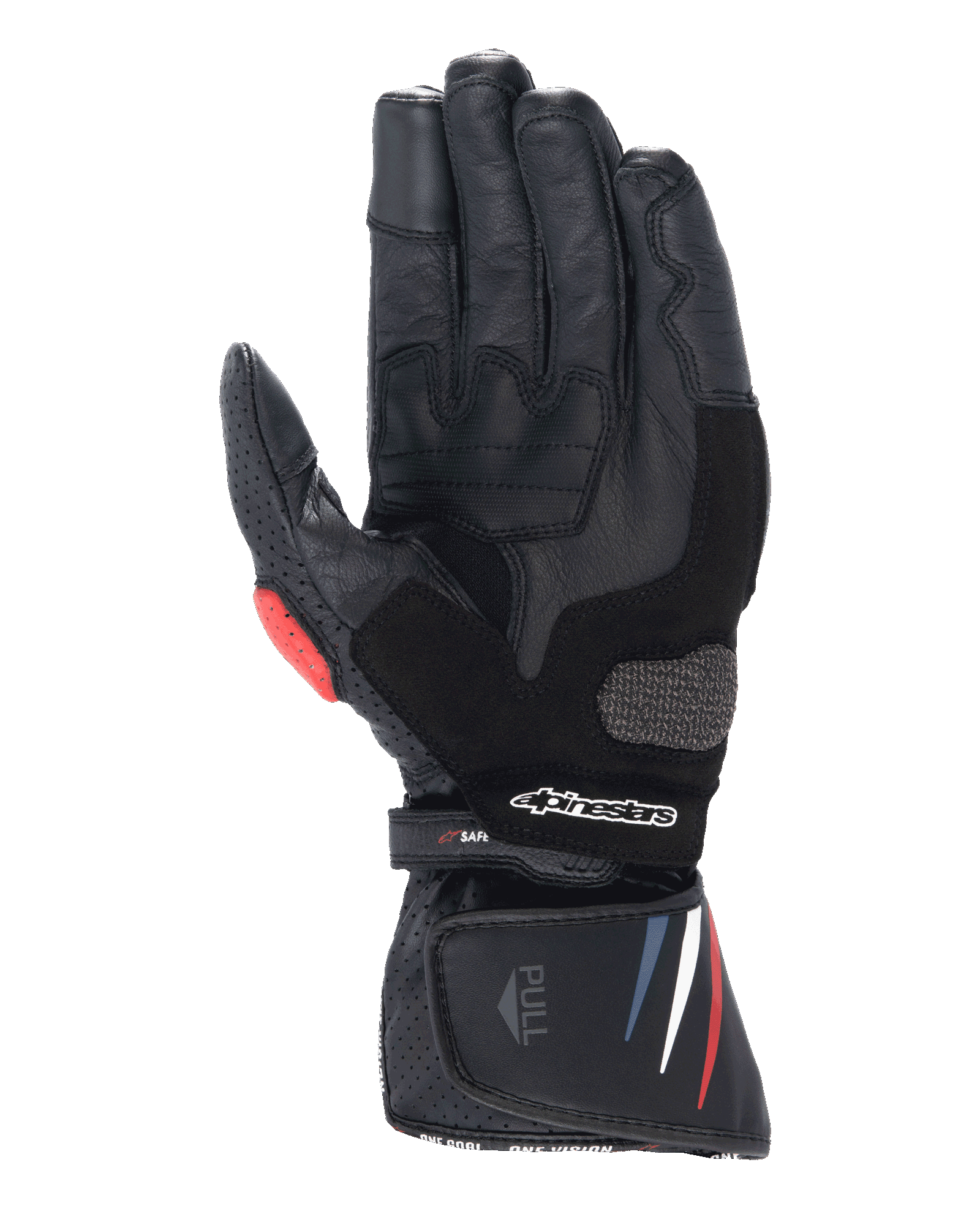Alpinestars Honda SP-8 V3 Gloves, Motorcycle Gloves, Black with Red and Blue accents, palm view showing full-grain leather construction, reinforced palm slider, perforated details, and extended cuff with Alpinestars logo.