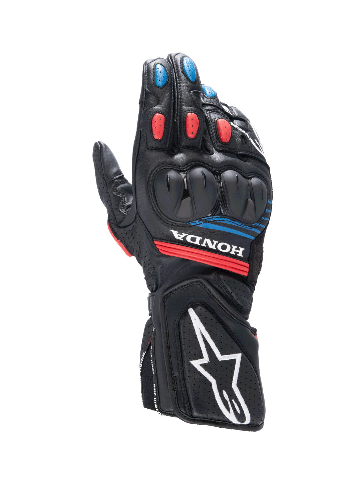 Alpinestars Honda SP-8 V3, luvas de moto para homem, pretas e vermelhas com detalhes azuis e proteção de articulação.