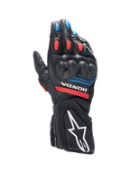 Alpinestars Honda SP-8 V3, luvas de moto para homem, pretas e vermelhas com detalhes azuis e proteção de articulação.