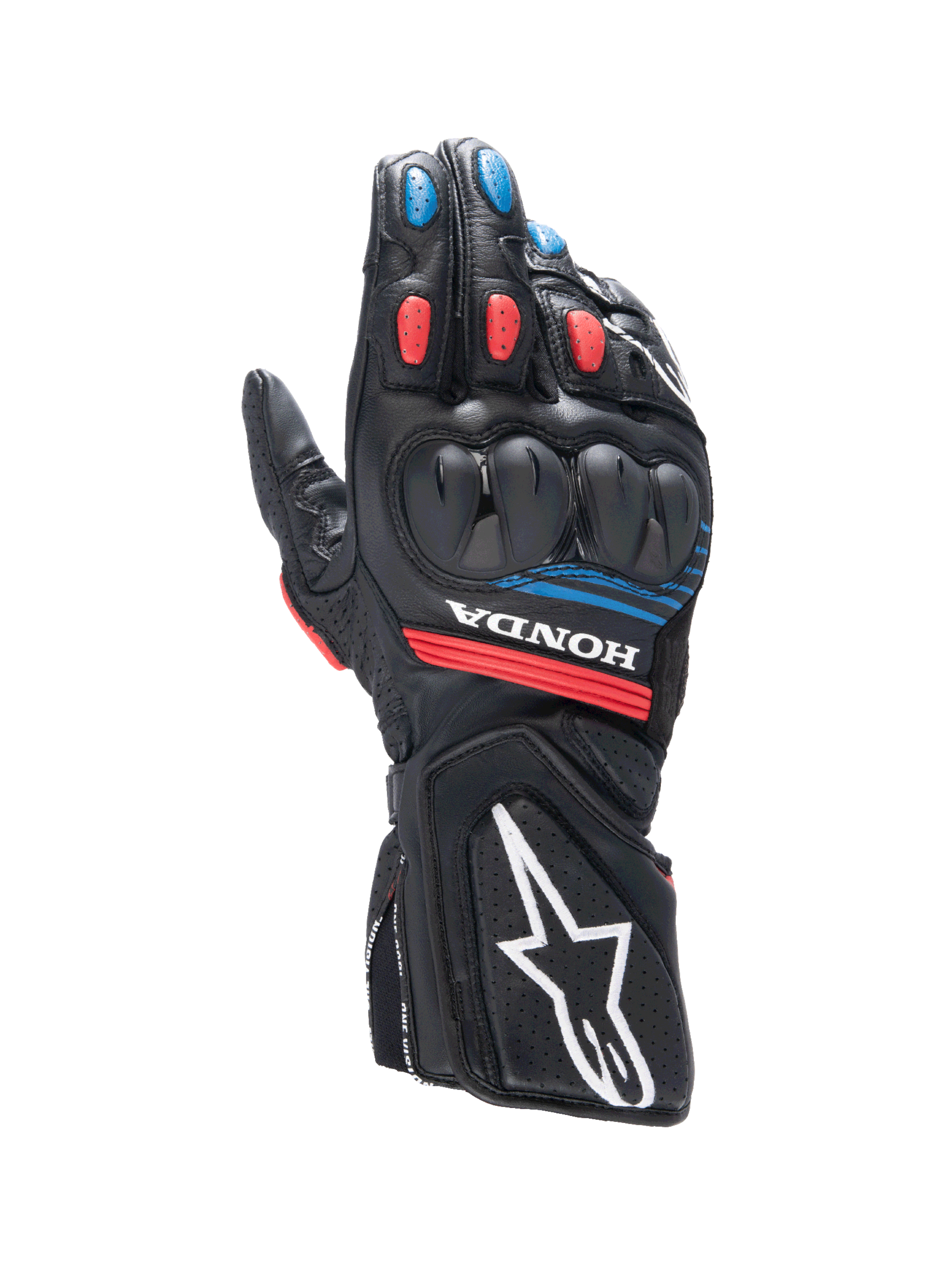 Alpinestars Honda SP-8 V3, luvas de moto para homem, pretas e vermelhas com detalhes azuis e proteção de articulação.