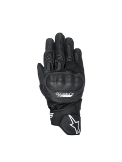 Alpinestars SP-5 Gloves, Black leather motorcycle racing gloves with polymer knuckle guards and perforated details.