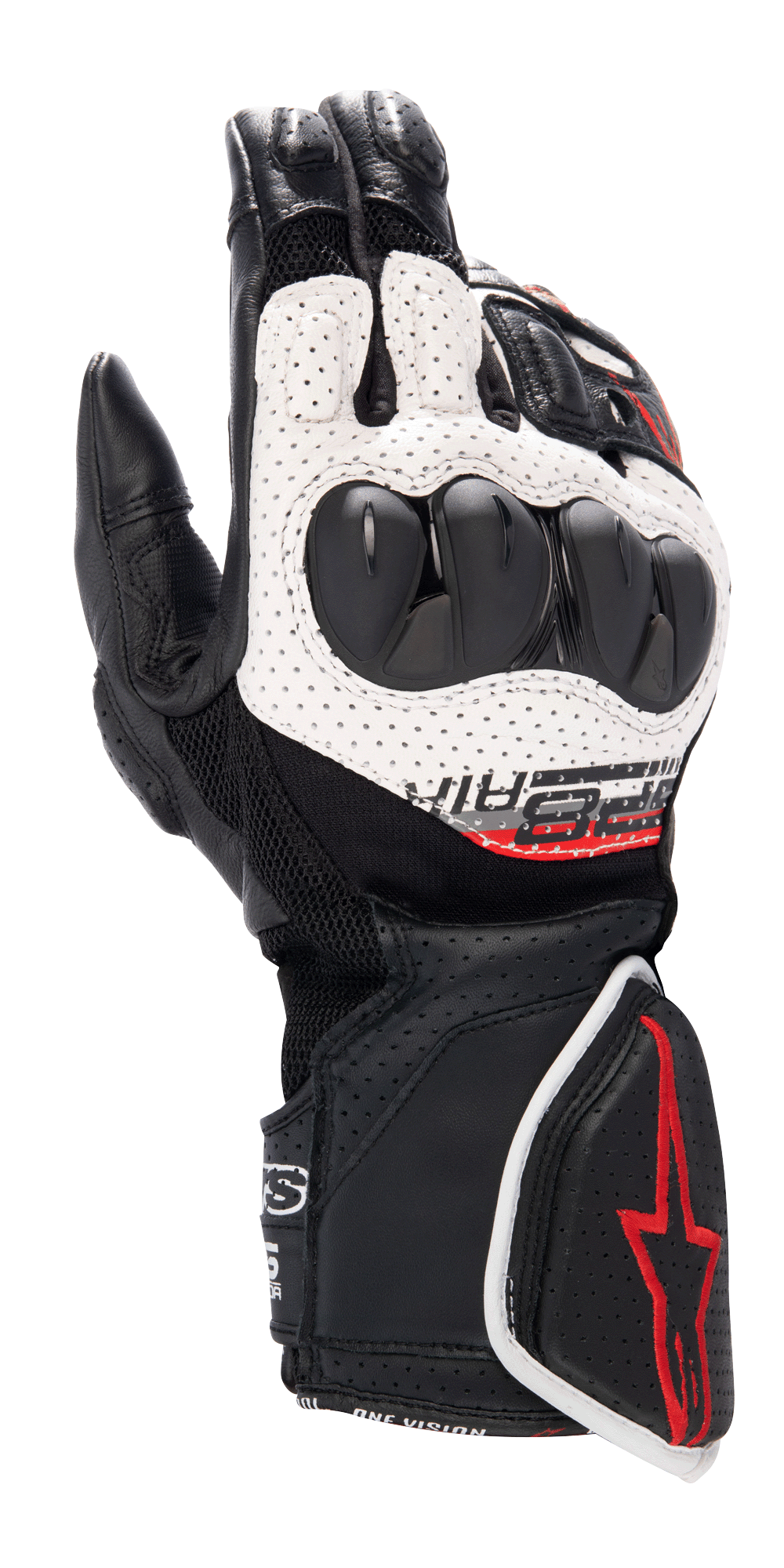 Alpinestars SP-8 V3 Air Gloves, Motorcycle Racing Gloves, Black White and Bright Red, featuring perforated leather construction, dual-density knuckle protection, 3D mesh panels, and red logo accents on the cuff