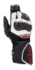 Alpinestars SP-8 V3 Air Gloves, Motorcycle Racing Gloves, Black White and Bright Red, featuring perforated leather construction, dual-density knuckle protection, 3D mesh panels, and red logo accents on the cuff