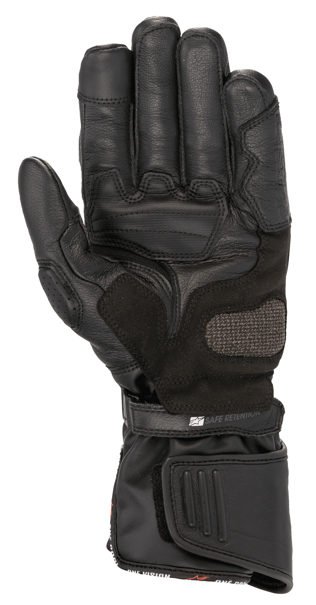 Alpinestars SP-8 HDry® Gloves, Motorcycle Gloves, Black, palm view showing reinforced leather construction, ARShield landing zone, and dual closure system with 'Safe Retention' strap, waterproof sport riding protection.