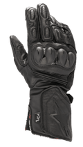 Alpinestars SP-8 HDry Gloves, Waterproof Motorcycle Racing Gloves, Black, dual-density hard knuckle protectors, textured leather with perforations, padded fingers, long gauntlet cuff with embossed star logo, and HDry technology branding