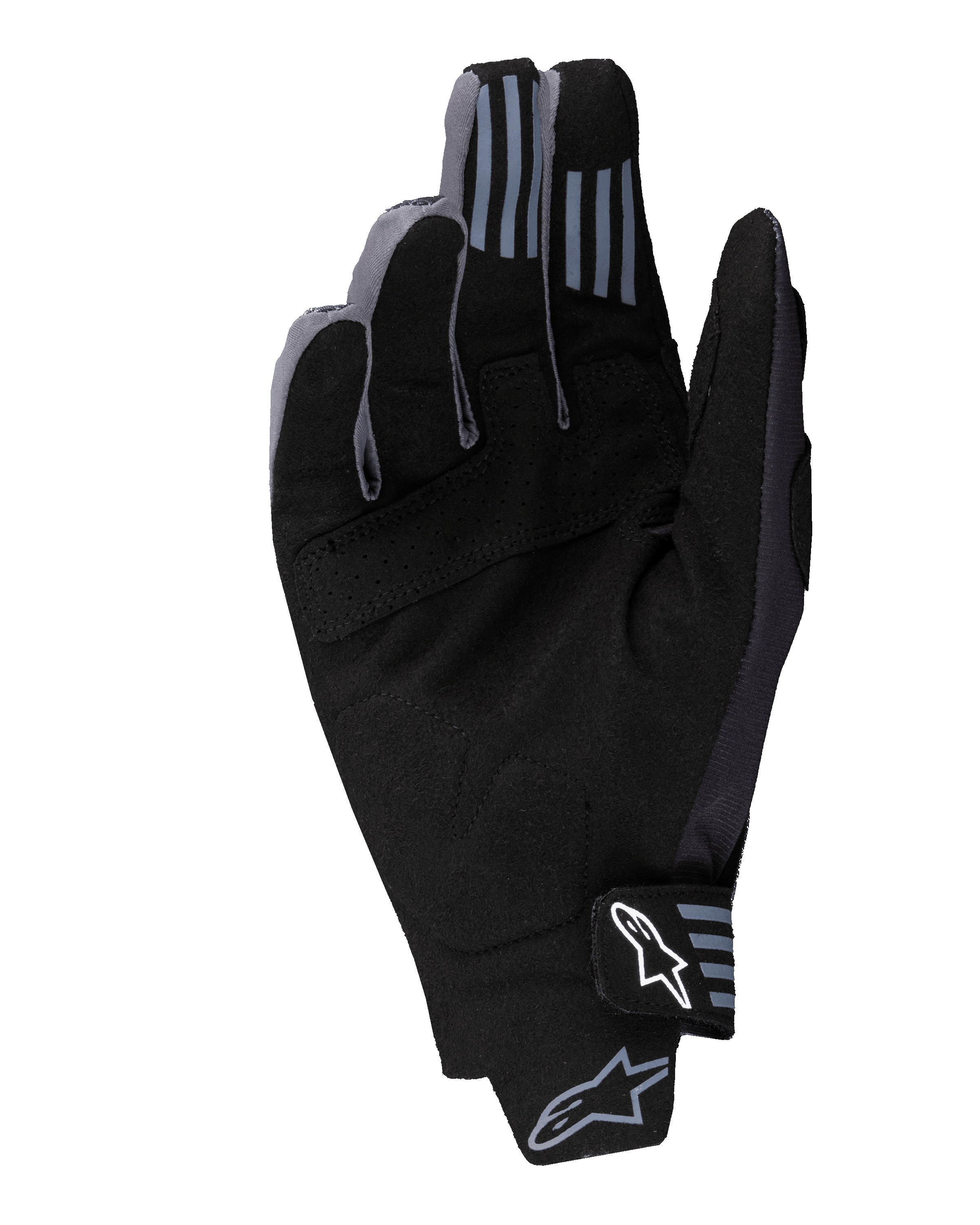 Alpinestars 2025 Techstar Gloves, Motocross Gloves, Black, palm view showing synthetic suede material with perforated details, silicone grip on fingertips, and white Alpinestars logo on the wrist closure.