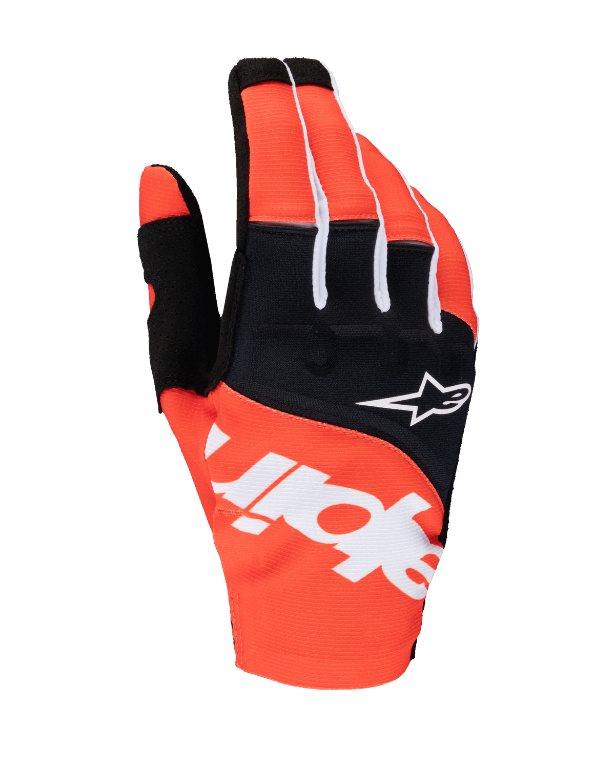 Alpinestars 2025 Techstar Gloves, luvas de motocross, pretas e laranja vivo, com marca Alpinestars branca no dorso, logótipo de estrela branco no painel dos nós dos dedos, equipamento têxtil de performance para corridas todo-o-terreno
