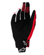 Alpinestars 2025 Techstar Gloves, luvas de motocross, preto e vermelho vivo, vista da palma com construção em camurça sintética, riscas de aderência em silicone vermelho nos dedos e fecho de pulso moldado com logótipos Alpinestars brancos