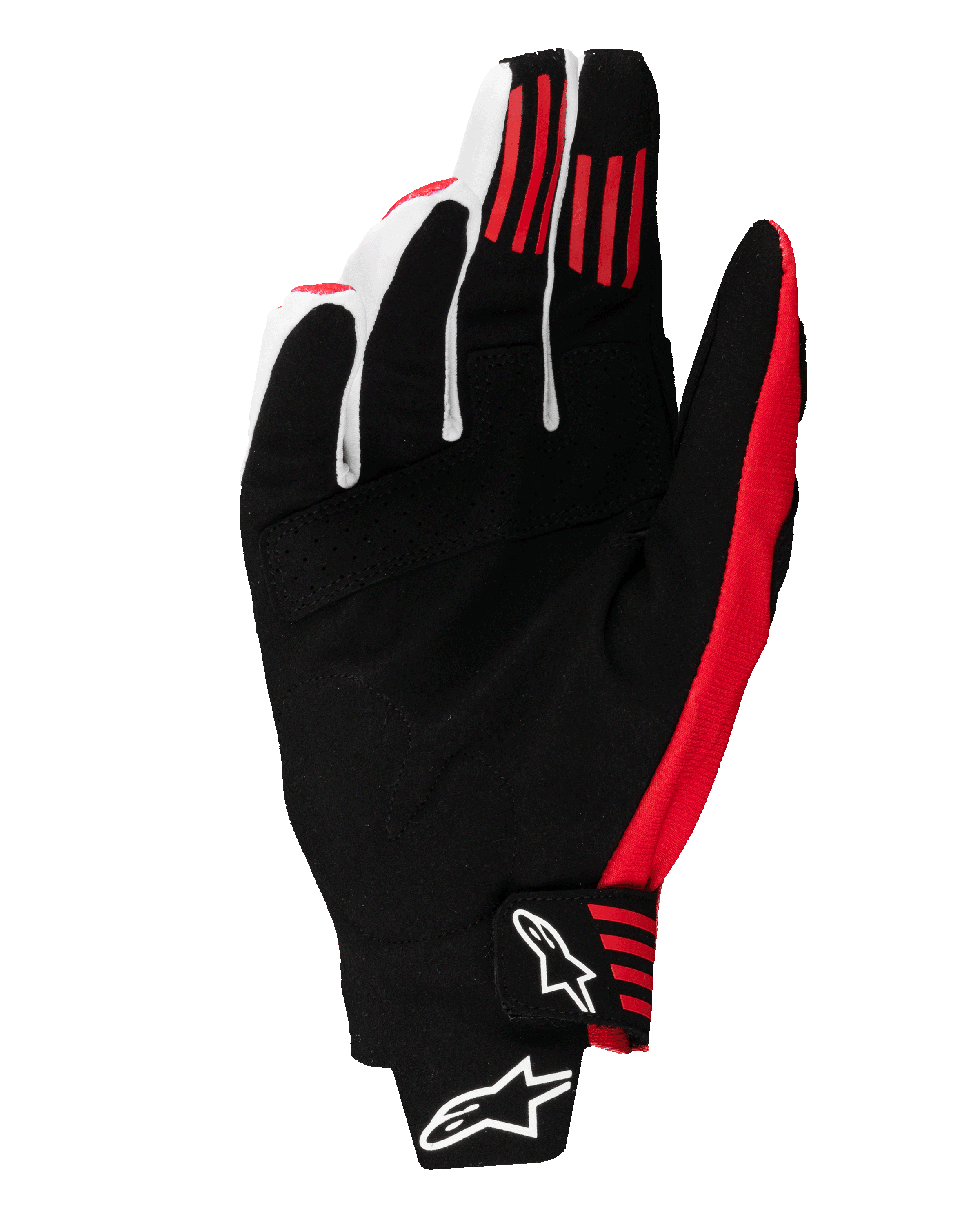 Alpinestars 2025 Techstar Gloves, luvas de motocross, preto e vermelho vivo, vista da palma com construção em camurça sintética, riscas de aderência em silicone vermelho nos dedos e fecho de pulso moldado com logótipos Alpinestars brancos