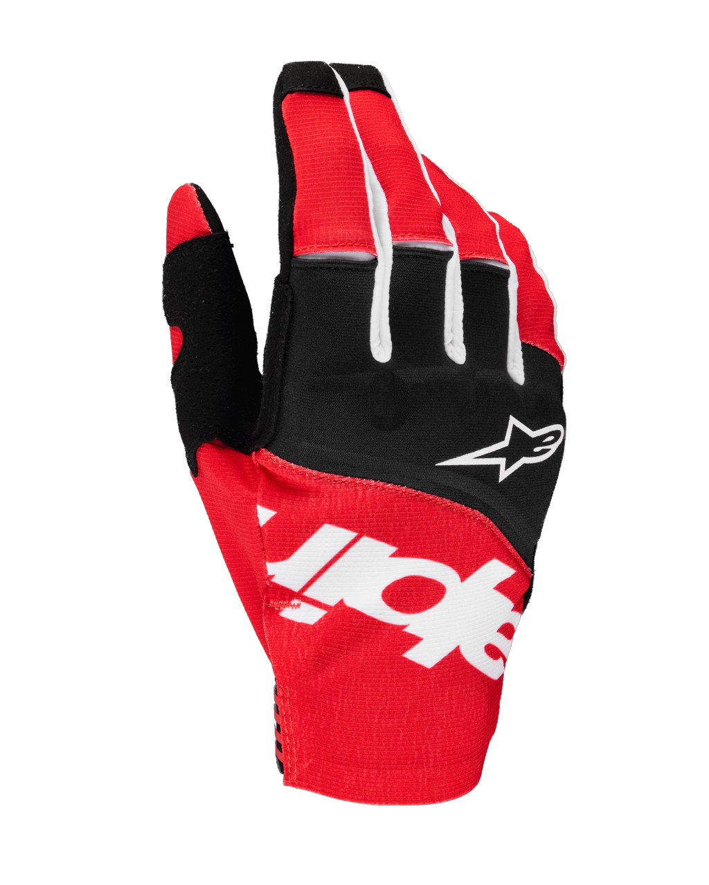 Luvas Alpinestars Techstar 2025, luvas de motocross, pretas e vermelho vivo com detalhes brancos, logótipo Alpinestars sublimado no dorso e logótipo de estrela nos nós dos dedos, tecido elástico durável para todo-o-terreno