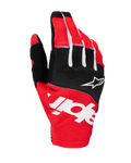 Luvas Alpinestars Techstar 2025, luvas de motocross, pretas e vermelho vivo com detalhes brancos, logótipo Alpinestars sublimado no dorso e logótipo de estrela nos nós dos dedos, tecido elástico durável para todo-o-terreno