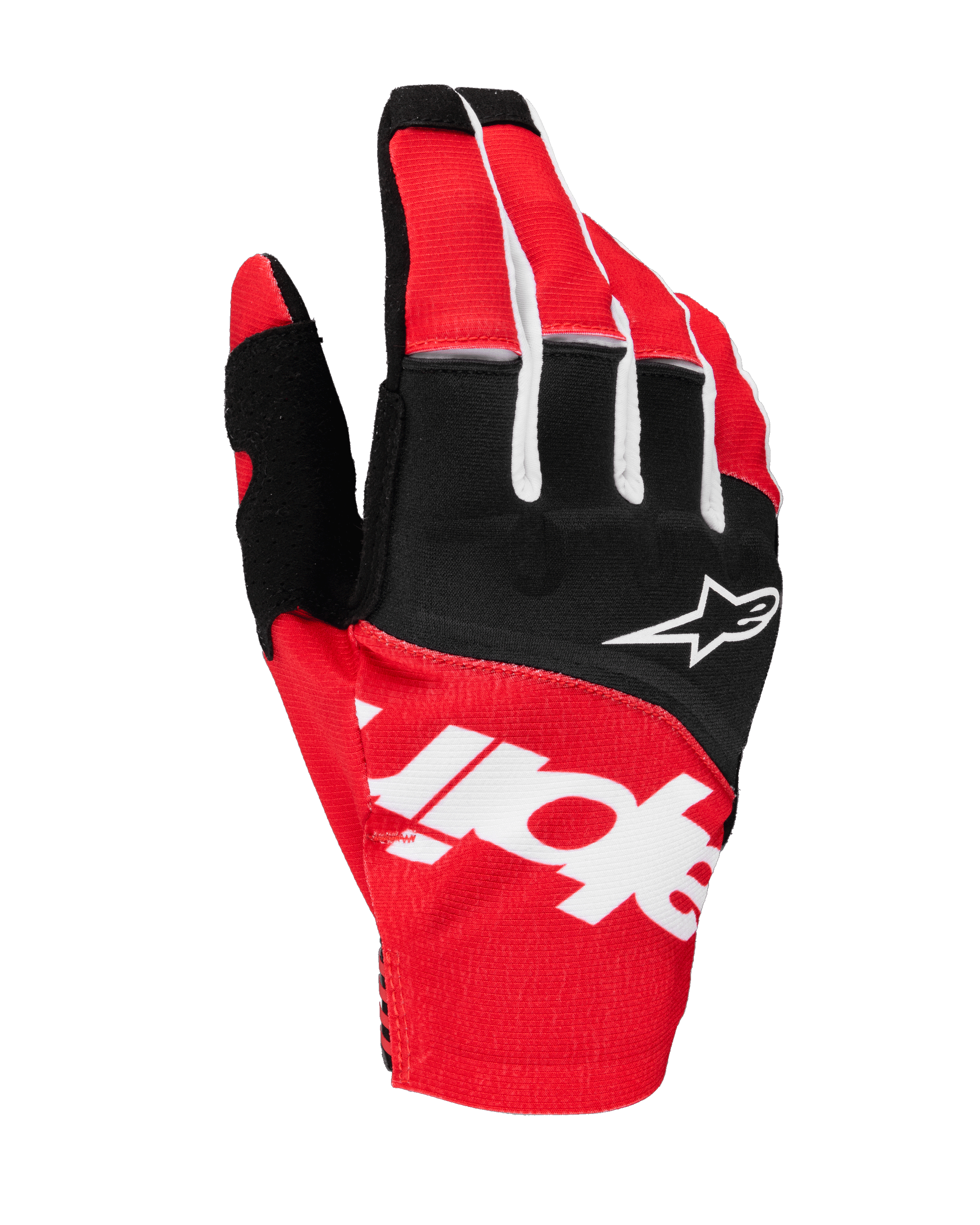 Luvas Alpinestars Techstar 2025, luvas de motocross, pretas e vermelho vivo com detalhes brancos, logótipo Alpinestars sublimado no dorso e logótipo de estrela nos nós dos dedos, tecido elástico durável para todo-o-terreno