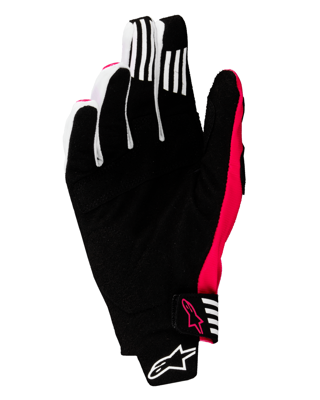 Luvas Alpinestars 2025 Techstar, luvas de motocross, pretas e rosa fluo, vista da palma com camurça sintética reforçada, riscas brancas de aderência nos dedos, detalhes e logótipos em rosa fluo, fecho de punho sem costuras com a marca Alpinestars