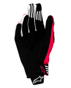 Luvas Alpinestars 2025 Techstar, luvas de motocross, pretas e rosa fluo, vista da palma com camurça sintética reforçada, riscas brancas de aderência nos dedos, detalhes e logótipos em rosa fluo, fecho de punho sem costuras com a marca Alpinestars
