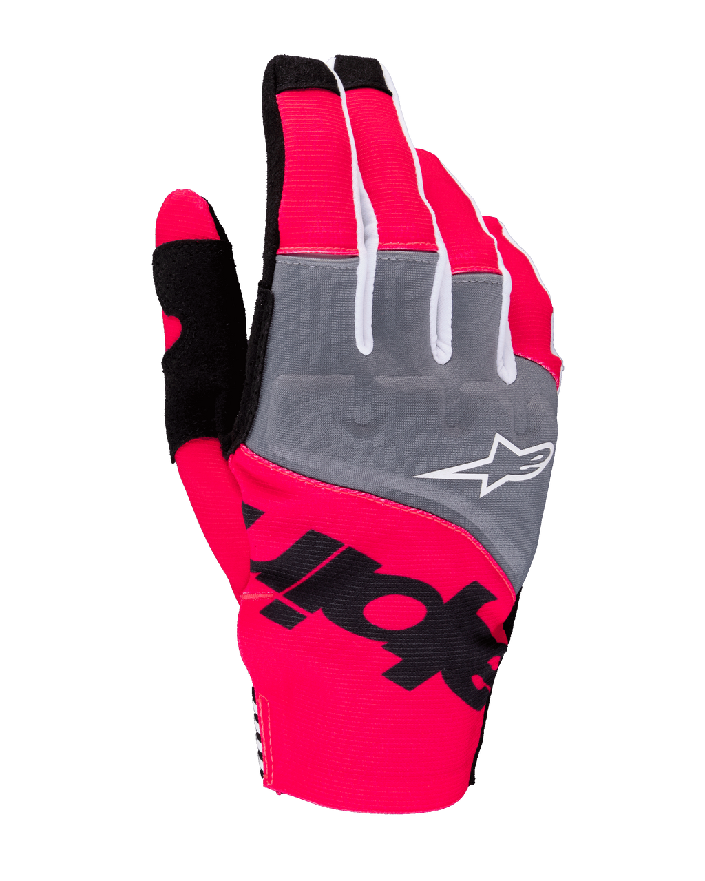 Luvas Alpinestars Techstar 2025, luvas de motocross, rosa fluo, cinzento e preto, com painéis cinzentos nos nós dos dedos e logótipo branco, marca preta em destaque sobre tecido elástico rosa néon, design leve com detalhes brancos para performance todo-o-terreno