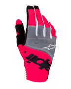 Luvas Alpinestars Techstar 2025, luvas de motocross, rosa fluo, cinzento e preto, com painéis cinzentos nos nós dos dedos e logótipo branco, marca preta em destaque sobre tecido elástico rosa néon, design leve com detalhes brancos para performance todo-o-terreno