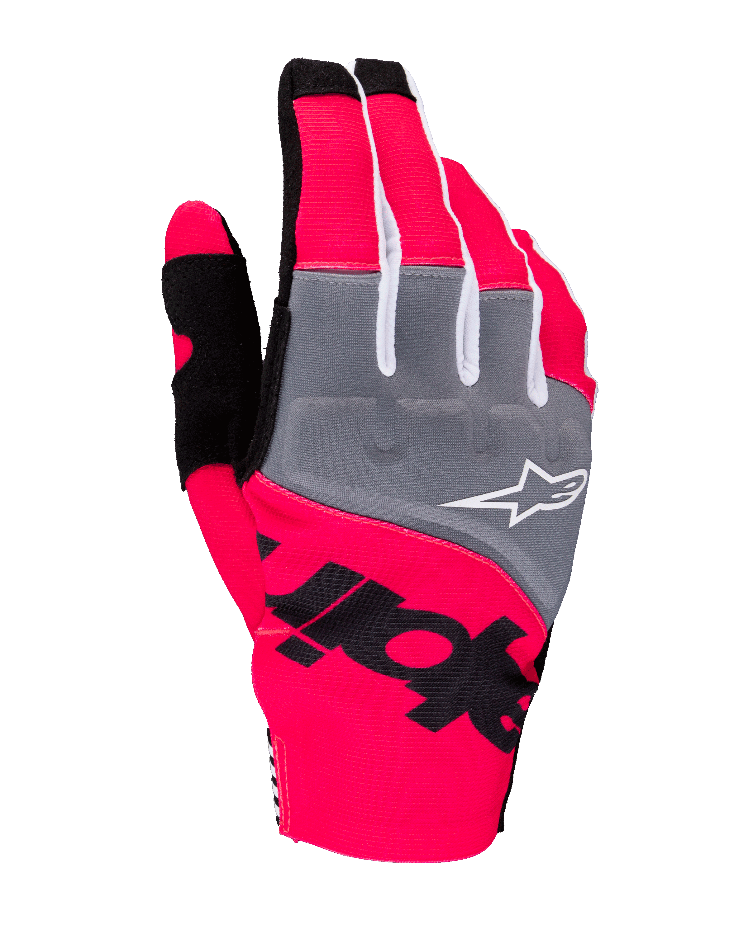 Luvas Alpinestars Techstar 2025, luvas de motocross, rosa fluo, cinzento e preto, com painéis cinzentos nos nós dos dedos e logótipo branco, marca preta em destaque sobre tecido elástico rosa néon, design leve com detalhes brancos para performance todo-o-terreno