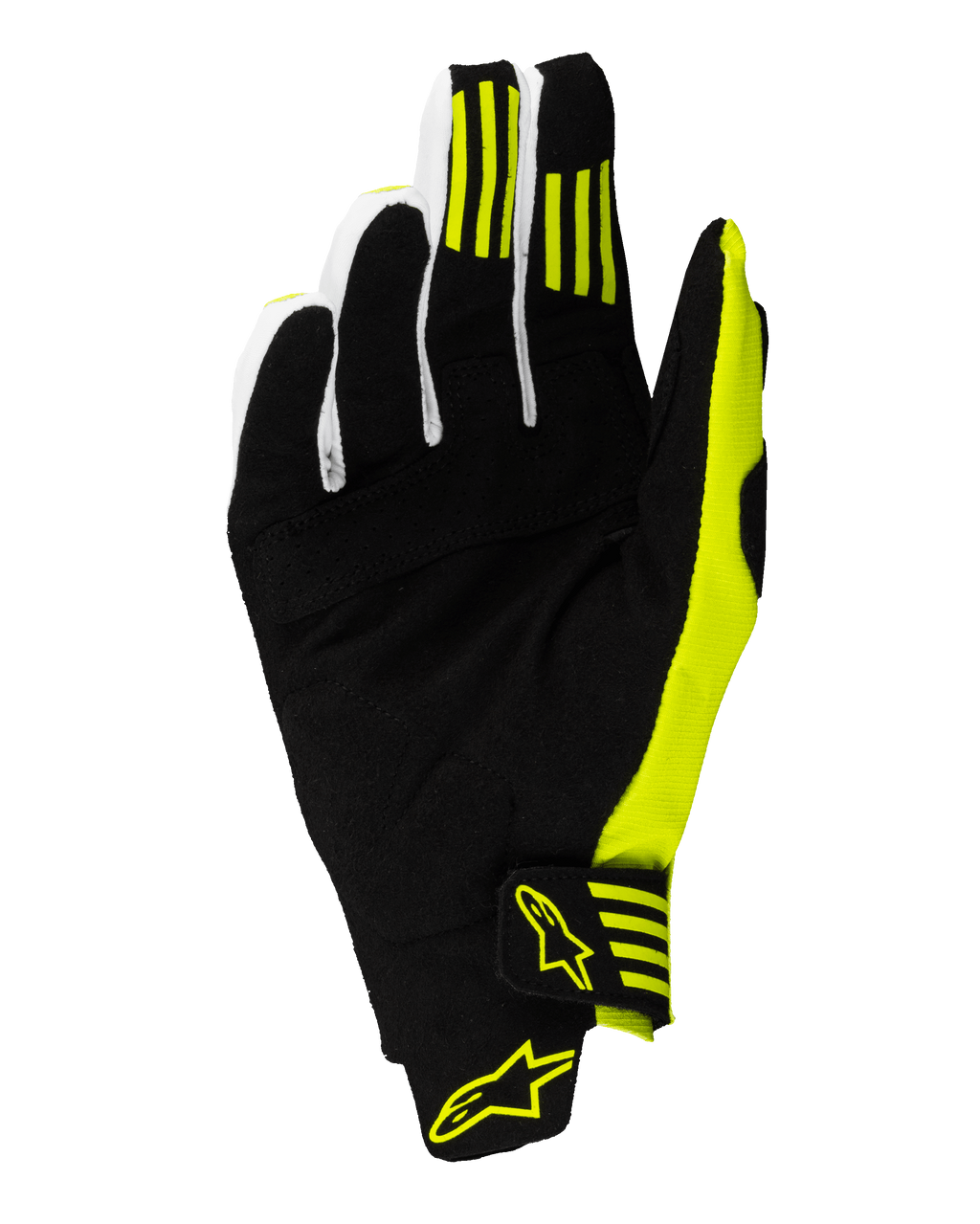 Alpinestars 2025 Techstar Gloves, luvas de motocross, preto e amarelo fluo, vista da palma com camurça sintética reforçada, tiras de aderência em silicone no primeiro e segundo dedos, e fecho de pulso seguro com logótipos amarelos