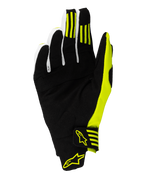 Alpinestars 2025 Techstar Gloves, luvas de motocross, preto e amarelo fluo, vista da palma com camurça sintética reforçada, tiras de aderência em silicone no primeiro e segundo dedos, e fecho de pulso seguro com logótipos amarelos