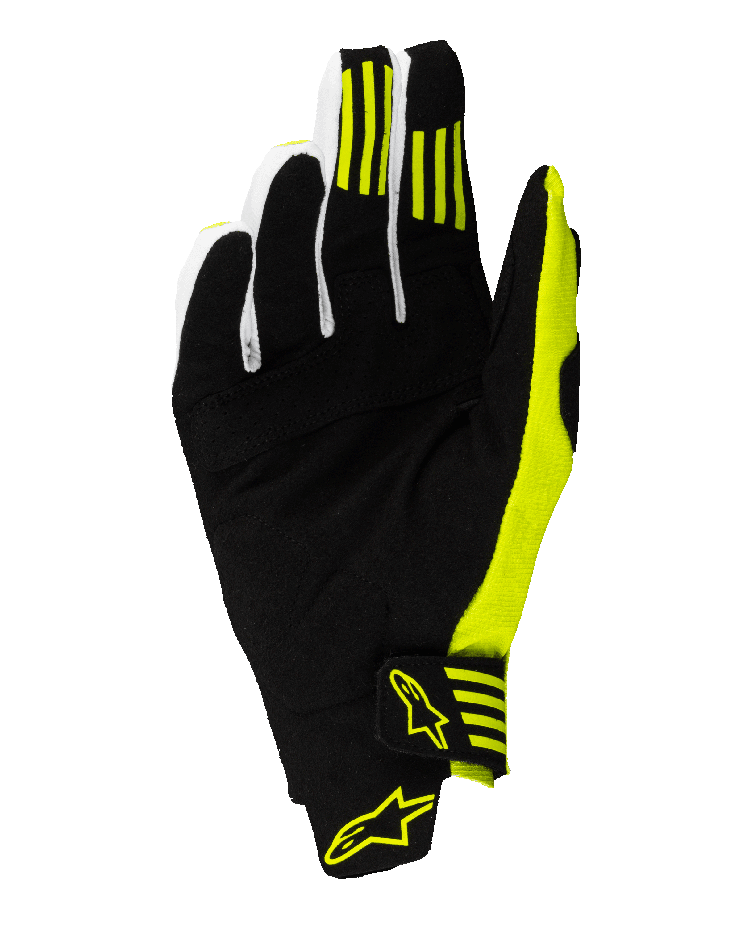 Alpinestars 2025 Techstar Gloves, luvas de motocross, preto e amarelo fluo, vista da palma com camurça sintética reforçada, tiras de aderência em silicone no primeiro e segundo dedos, e fecho de pulso seguro com logótipos amarelos