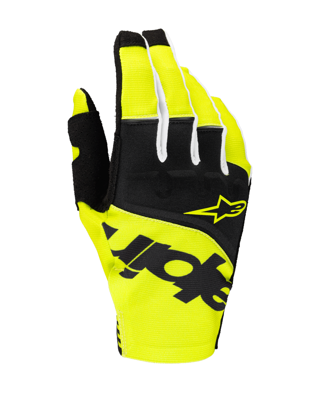 Luvas Alpinestars Techstar 2025, luvas de motocross, preto e amarelo fluorescente, com logótipo de estrela amarelo e marca preta em destaque, construção têxtil com micro ripstop para desempenho em todo-o-terreno