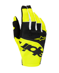 Luvas Alpinestars Techstar 2025, luvas de motocross, preto e amarelo fluorescente, com logótipo de estrela amarelo e marca preta em destaque, construção têxtil com micro ripstop para desempenho em todo-o-terreno